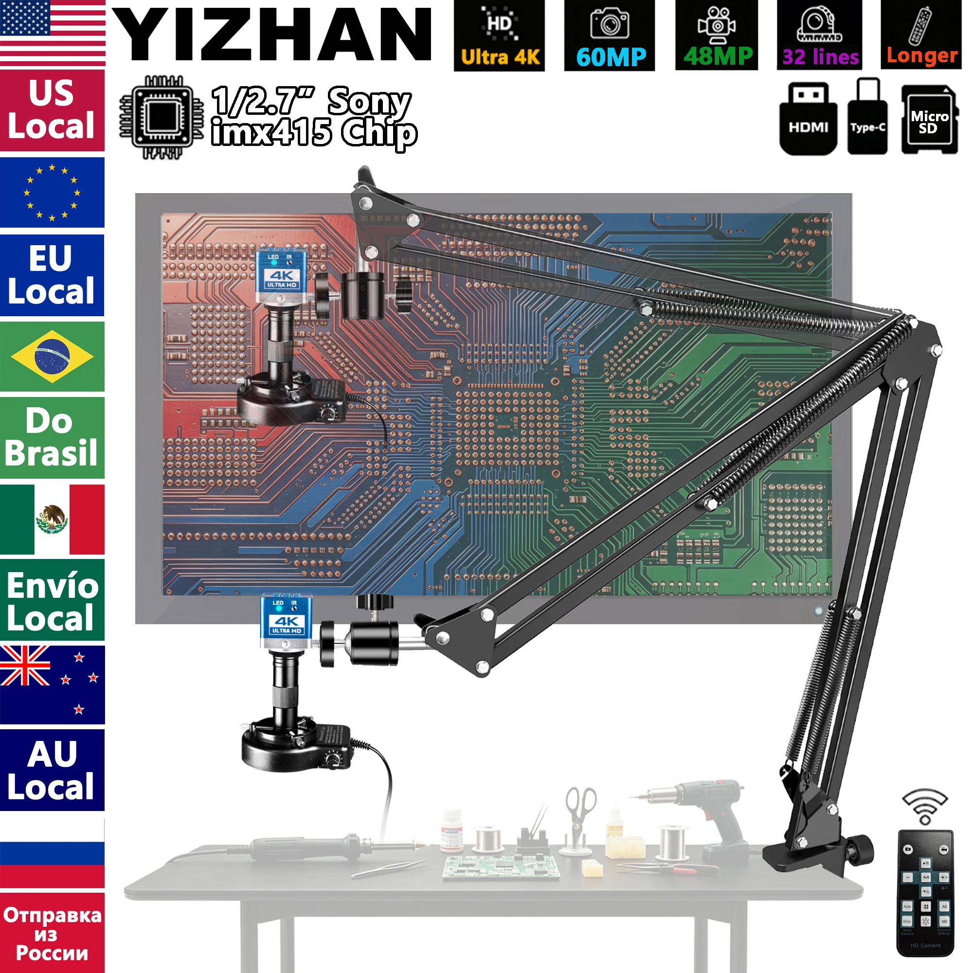 4K Electronic Microscope For Soldering, 60MP HDMI USB Digital Camera With 1/2.7' HD IMX415 Sensor, 150X Lens Video Microscope