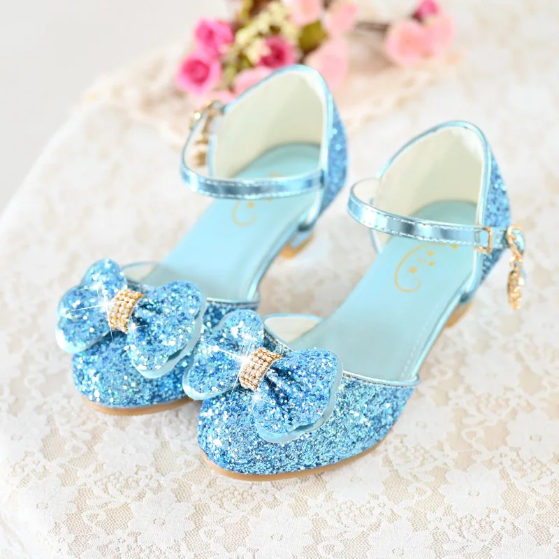 Alpheligance Girls Leather Shoes Children Baby Princess Bowknot Princess Shoes Sequines High Heel Dancing Girls Flower shoes