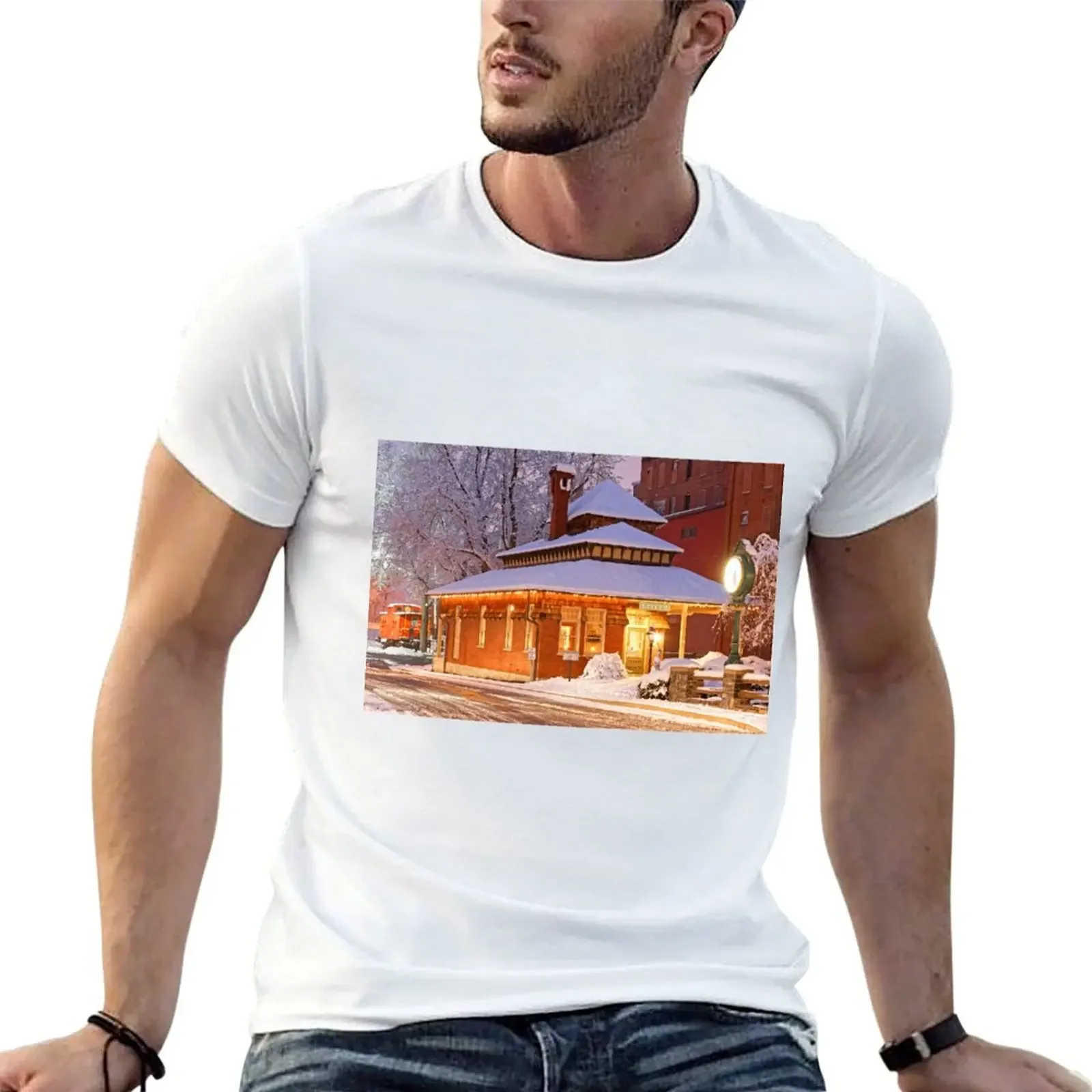 Old Railroad Station with Snow T-Shirt vintage anime shirt oversizeds T-shirts for men cotton