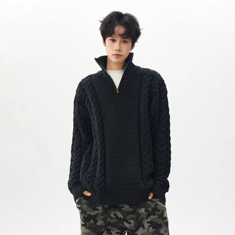 American Street Style Rough Twist Half-zipper Knitted Sweater Men's Trendy Brand Loose Couple Pullover Sweater Fashion Menswear
