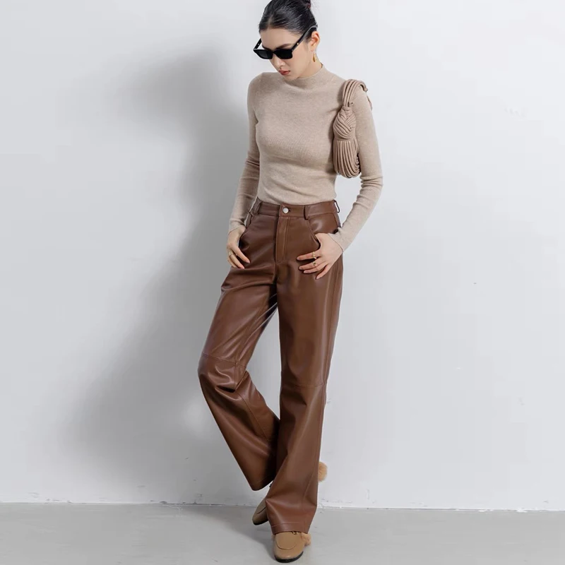 Vintage Sheepskin Wide-leg Straight Leather Pants Women Drape Casual Genuine Leather Trousers Mopping Pants Female 2024 New