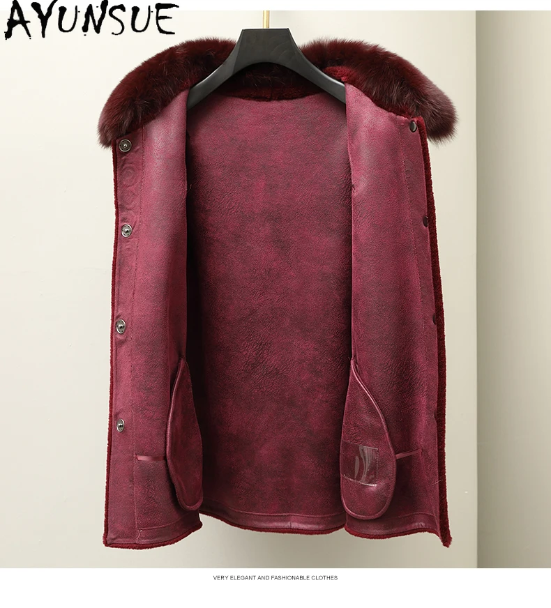 معطف فرو صوف 100% من AYUNSUE للنساء 2025 ملابس شتوية بياقة من فرو الثعلب معاطف قص الأغنام للنساء من الفرو المركب