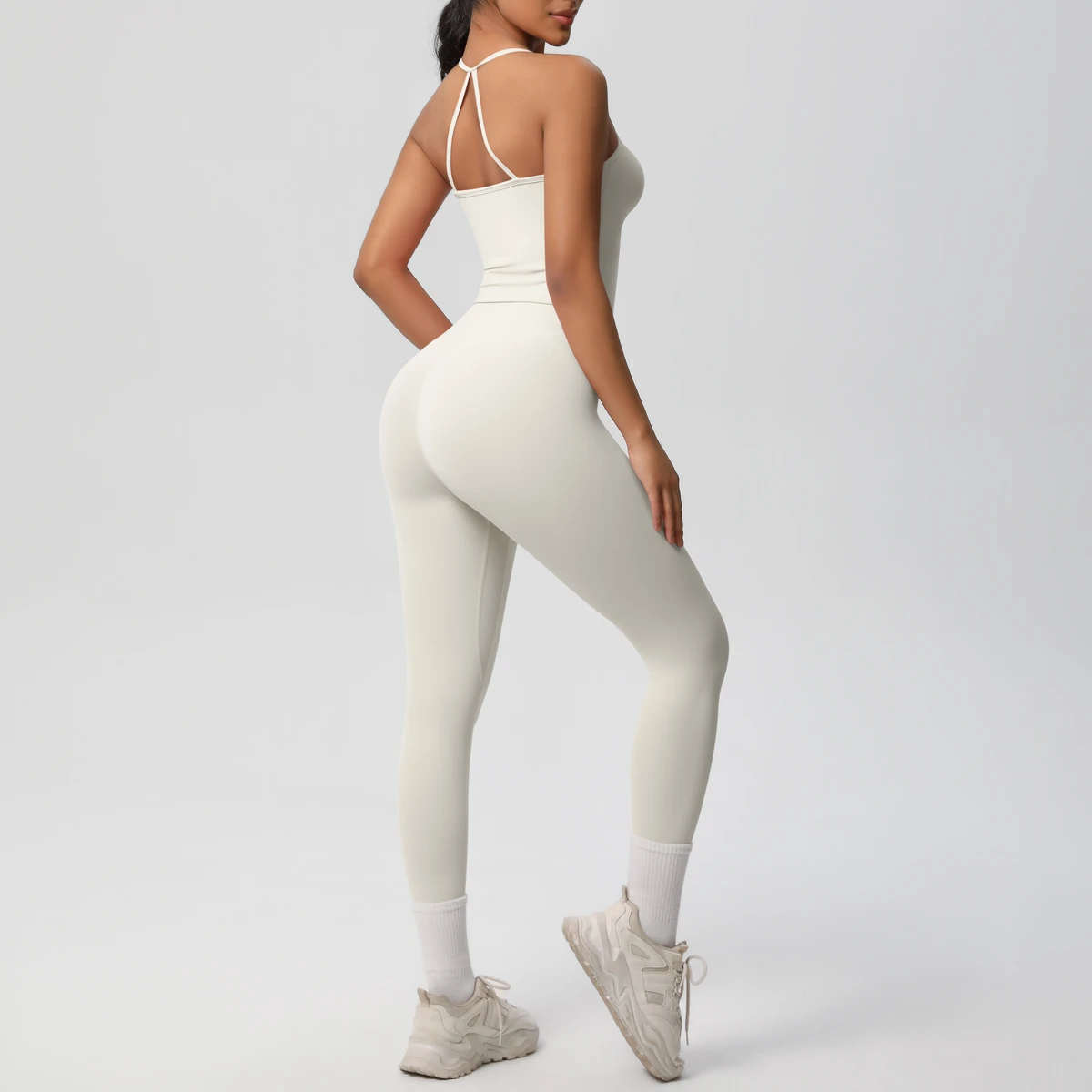 Hochelastisches, sexy, rückenfreies Yoga-Oberteil und -Hose, stoßdämpfendes Lauf-Yoga-Tanktop, einfarbige, schnell trocknende Yoga-Leggings – Detail 18