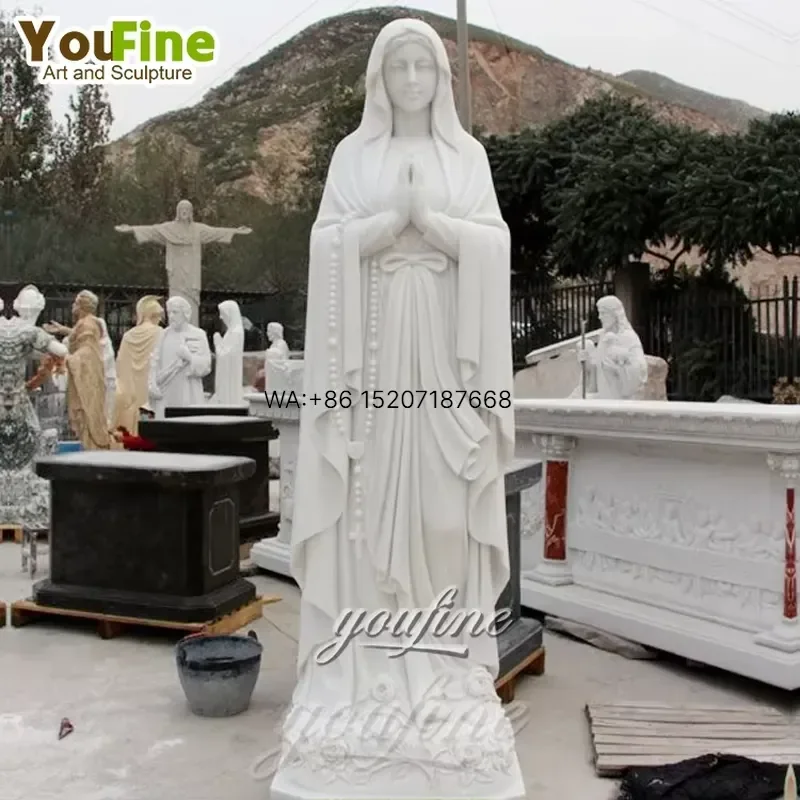 Wmwmnu for YouFine Hand Carved Natural White Marble Our Lady of Lourdes Statue Virgin Mary Religious Sculpture for Outdoor