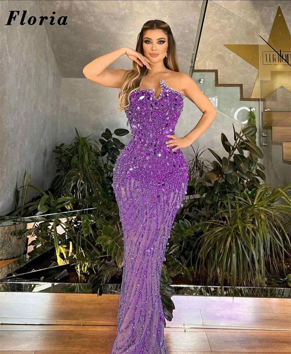 Customized Purple Beaded Pearls Prom Dresses Strapless Mermaid Birthday Party Second Reception Dress Evening Dress For Women view 4