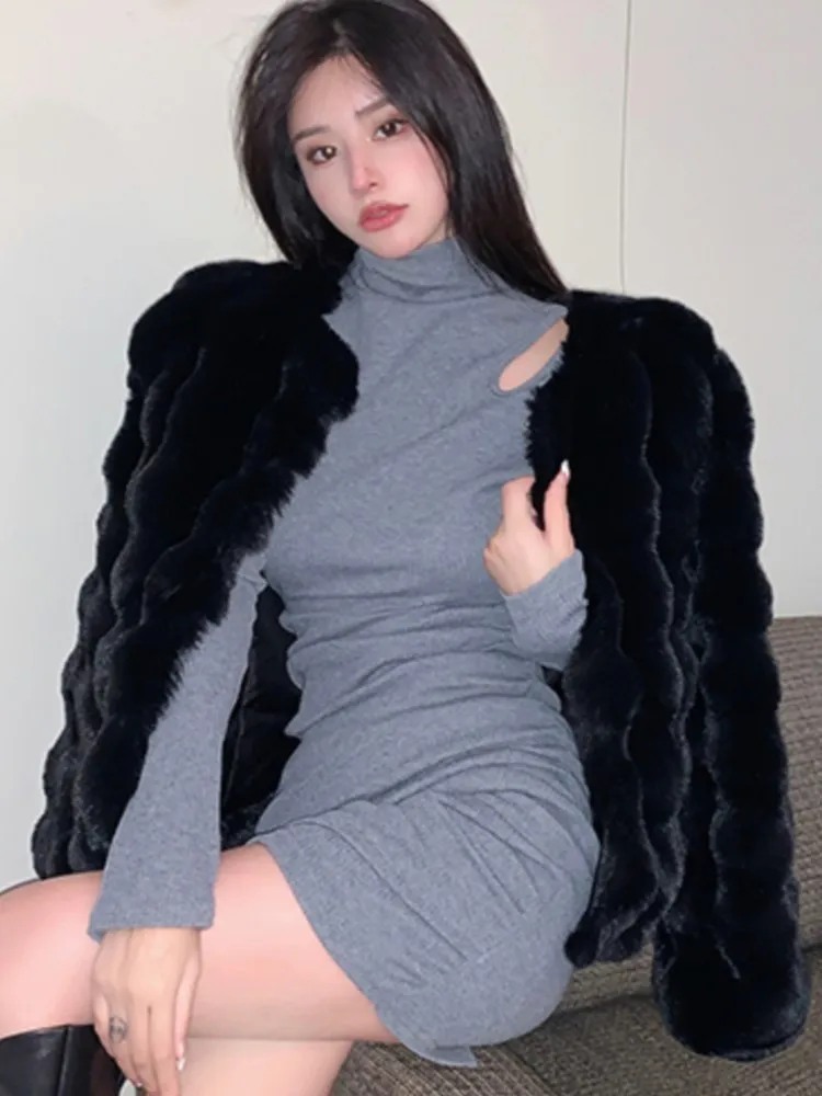 Fall and Winter New Women Tops Coats Elegant Faux Fur O-neck Long-sleeved Short Coat Korean Fashion Chic Business Jackets New