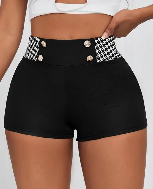 

Women's Shorts 2026 New Spring Summer Fashion Houndstooth Print Slimming High Waist Elastic Button Design Casual Daily Shorts