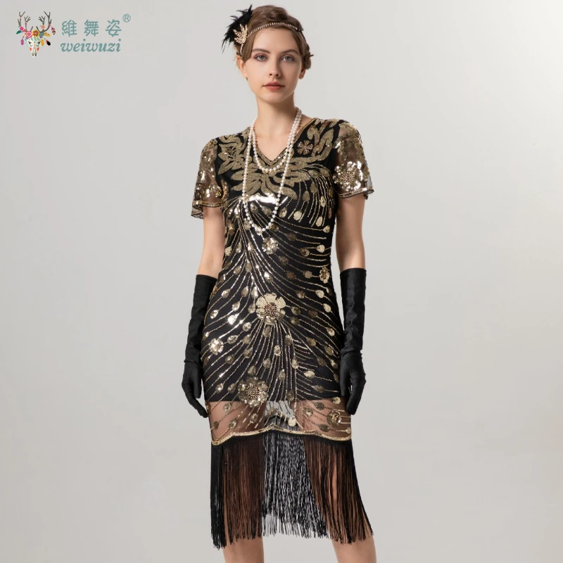

Vintage Themed Dance Party Tassel Evening Dress 1920s Retro Banquet Party Short Sleeved Sequin Bead Embroidered Evening Dress