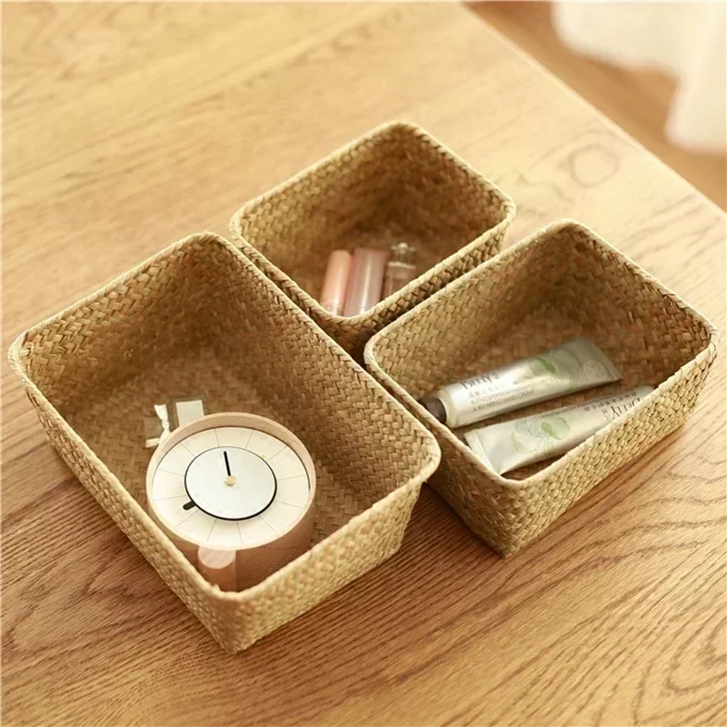 Woven Seagrass Storage Baskets Straw Rattan Basket Desk Organizer Picnic Basket Fruit Storage Box Cosmetic Storage Container