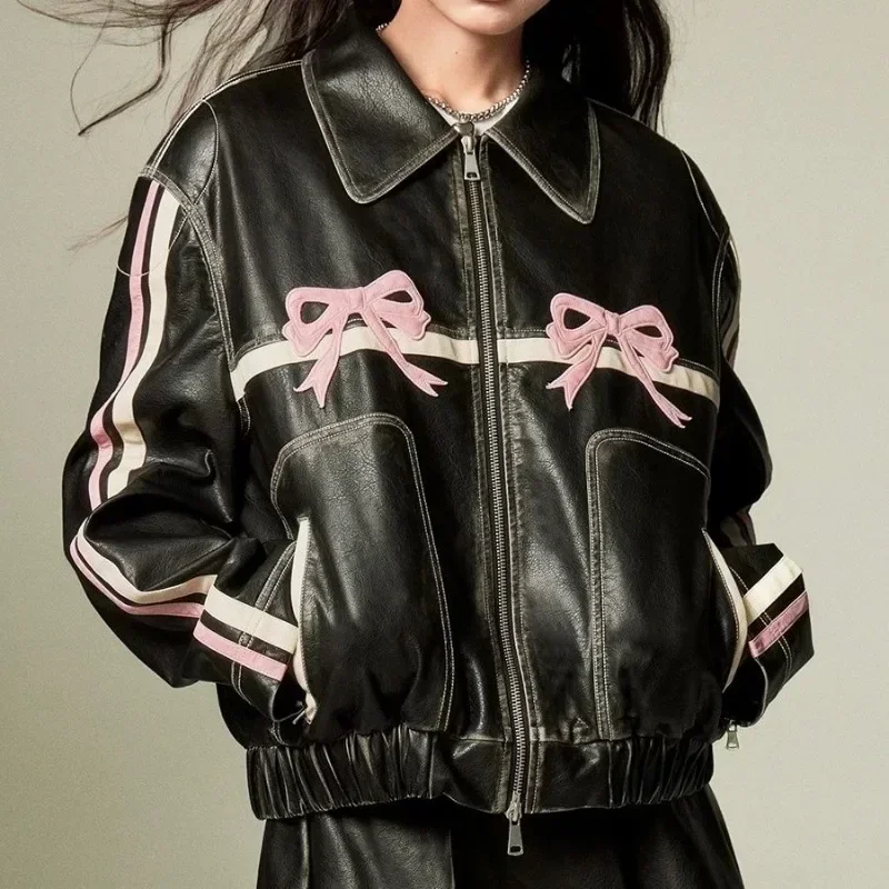 2024 Bow Motorcycle Leather Jacket Women Y2k Fashion Zipper PU Spring Coquette Top Sweet Personal Street Vintage Oversize