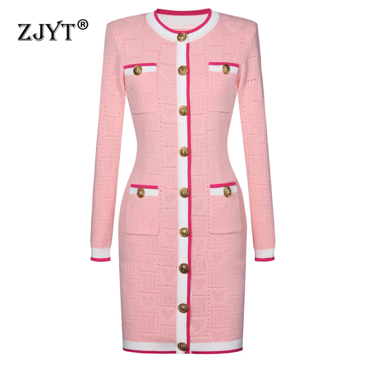 ZJYT Autumn Winter Women\'s Sheath Knitting Sweater Dresses Long Sleeve Single Breasted Short Party Dress Elegant Female Vestidos