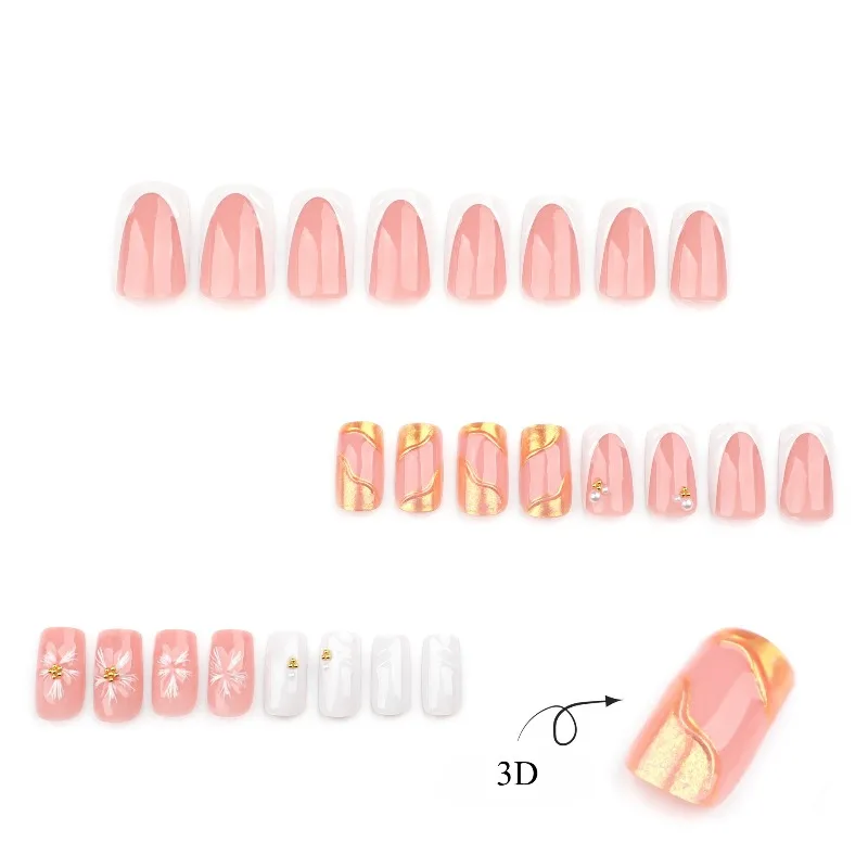 3D-zonnebloem met pantser Eenvoudige Franse stijl Gouden kleine ronde bal Verfraaid met witte nail art-stukken Kort vierkant pantser