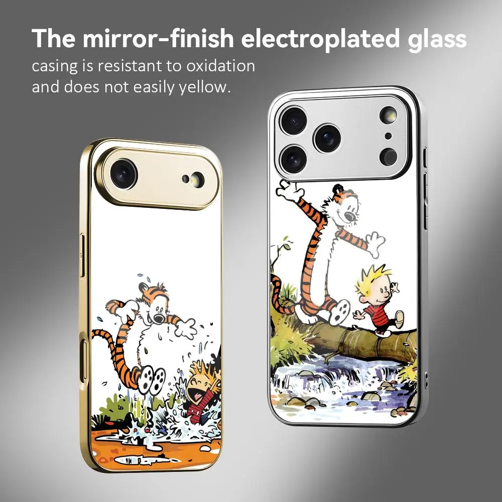 

C-Calvin Hobbes Cute Phone Case For IPhone 17 16 15 14 13 12 Pro Max Plus Electroplated Metal Bumper Case Tempered Glass Back