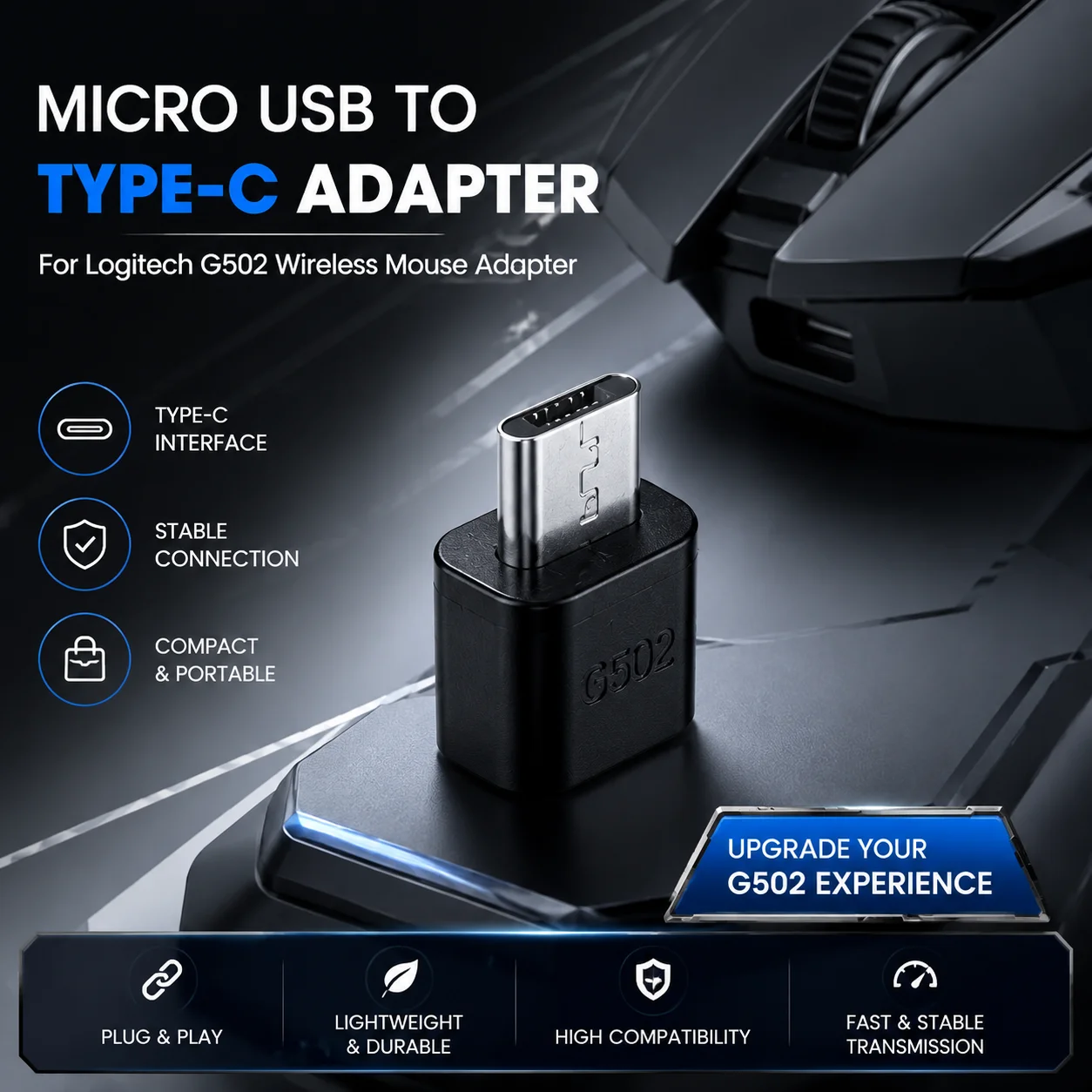 Micros USB To Type C Adapter Replacement for Logitech G502 Wireless Mouse Easy Repair Plastic Metal Construction