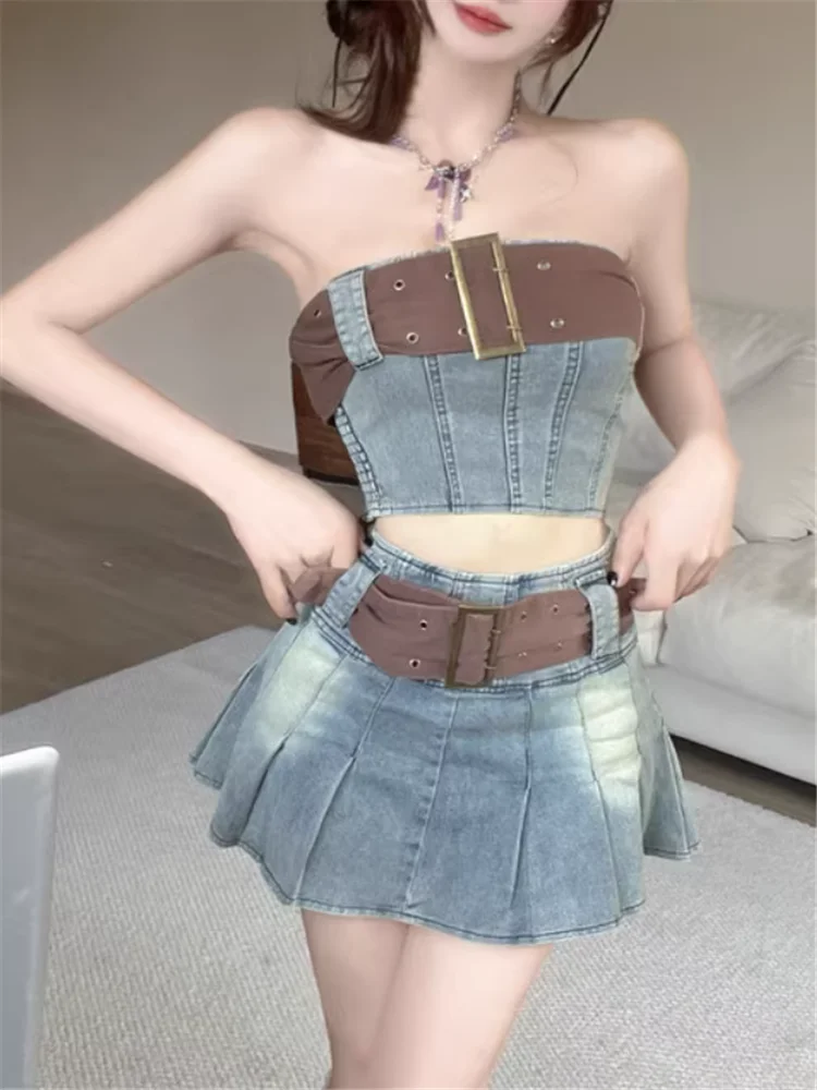

Spicy Y2k Girls Retro Denim Two Piece Sets Sexy Strapless Short Vest Top&High Waist Belt Mini Skirt Street Style 2 Pieces Suits