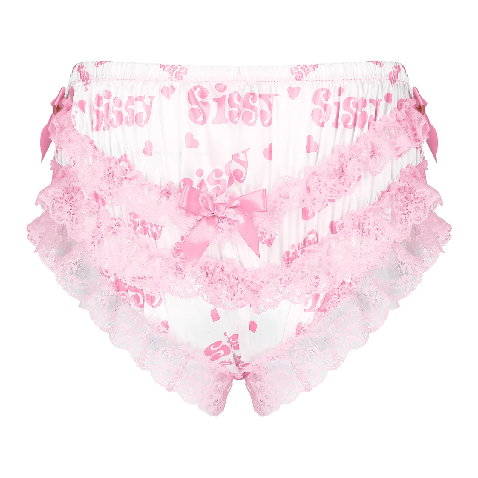 Mens Sexy Gay Lingerie Sissy Panties Shiny Satin Ruffled Floral Lace Cute Bowknot Knickers Briefs Sissy Crossdresser Underwear