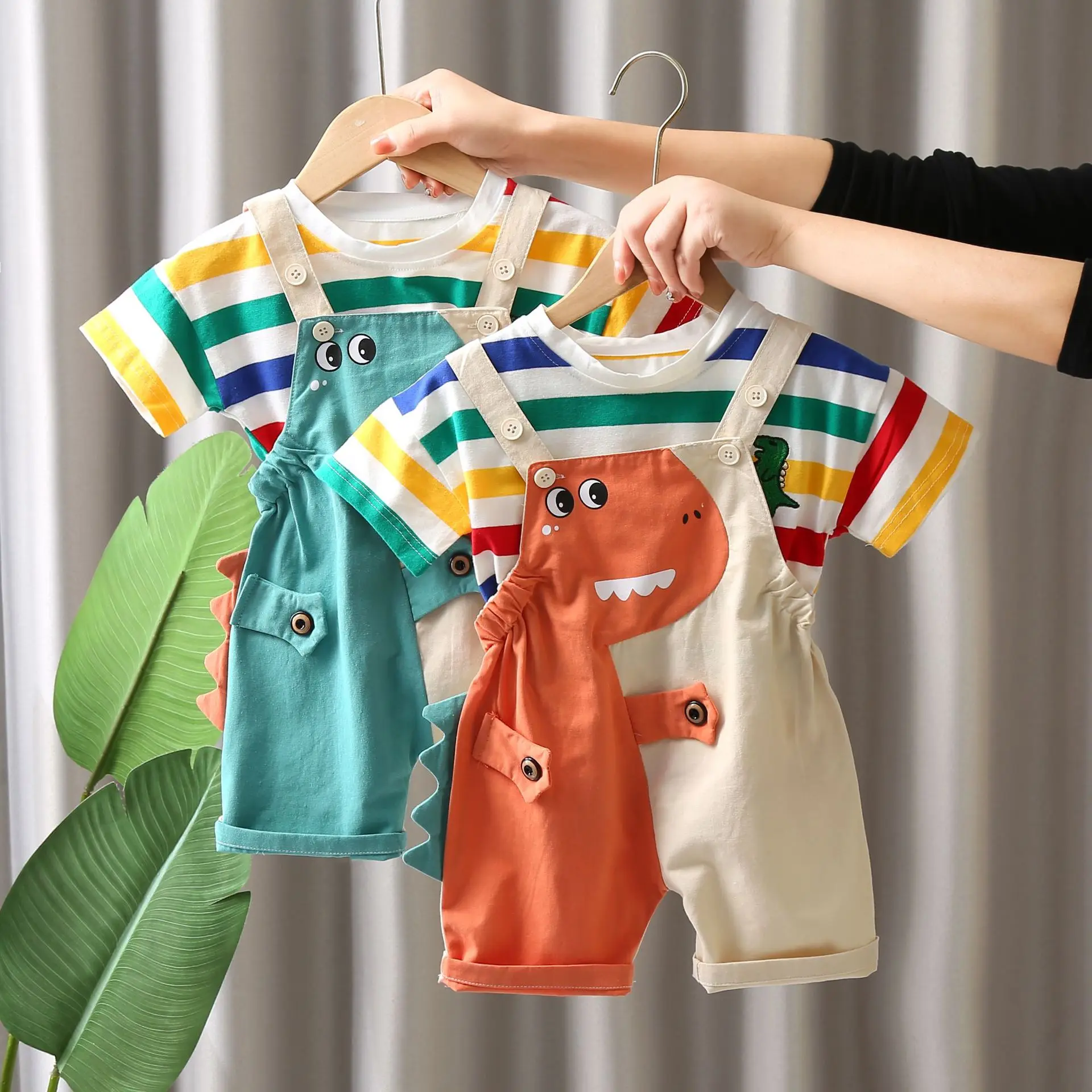 Summer New 2025 Fashionable Children's Boys' Colorful Striped Cotton Short Sleeved/cartoon Dinosaur Overalls Two-piece Set 1