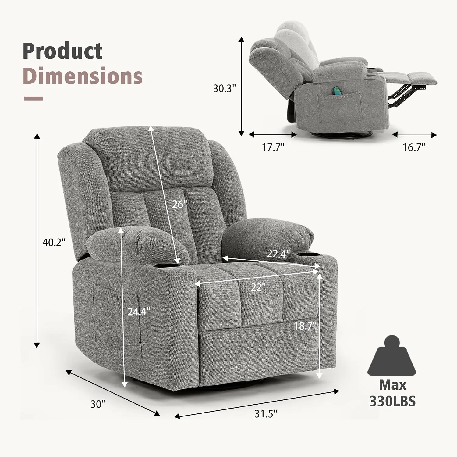 Rocker Swivel Recliner Chair for Adults, Overstuffed Large Manual Recliner Glider with Massage and Heat, Comfy Soft, Customized