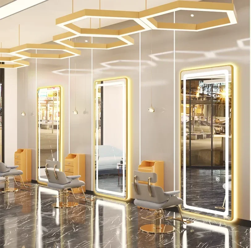 مرآة صالون الشعر ذات مصدر ضوء مزدوج، مرآة واقفة على الأرض، مرآة لقص الشعر #3