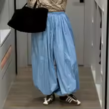 Cotton Wide Leg Pants Loose Lantern Style Casual Trousers for Women - Blue