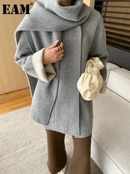 [EAM] Gray Big Size With Scarf Warm Woolen Coat New O-neck Long Sleeve Women Jacket Fashion Tide Autumn Winter 2024  1DH7400