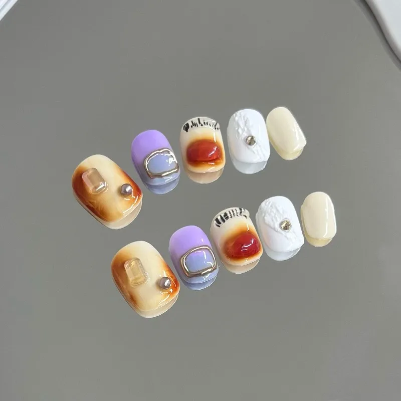 

10 Pieces Vintage Cute Style Handmade Press On Nails Caramel Taro Square Sugar Smudge Fake Nails Removable Reusable