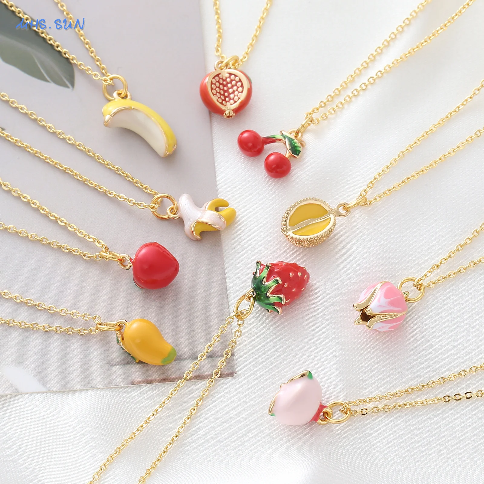 MHS.SUN Cute 3D Fruit Series Pendant Necklace For Women Girls Strawberry Cherry Mango Banana Peach Necklaces Choker Jewelry Gift