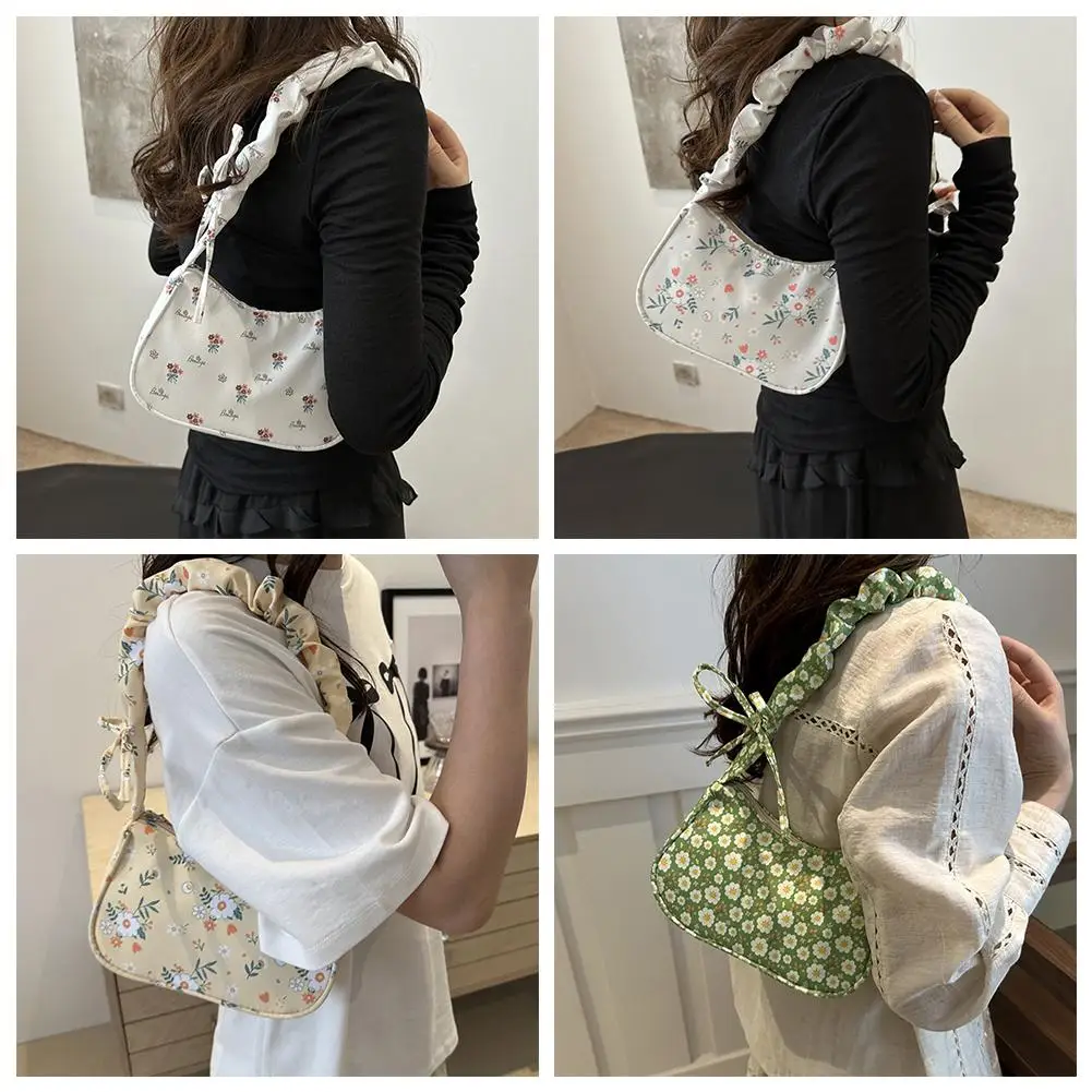 Fashion Pleated Shoulder Bag Purse For Women Summer Floral Top Handle Bag Trendy Ruched Small Tote Luxury Handbag O0D8