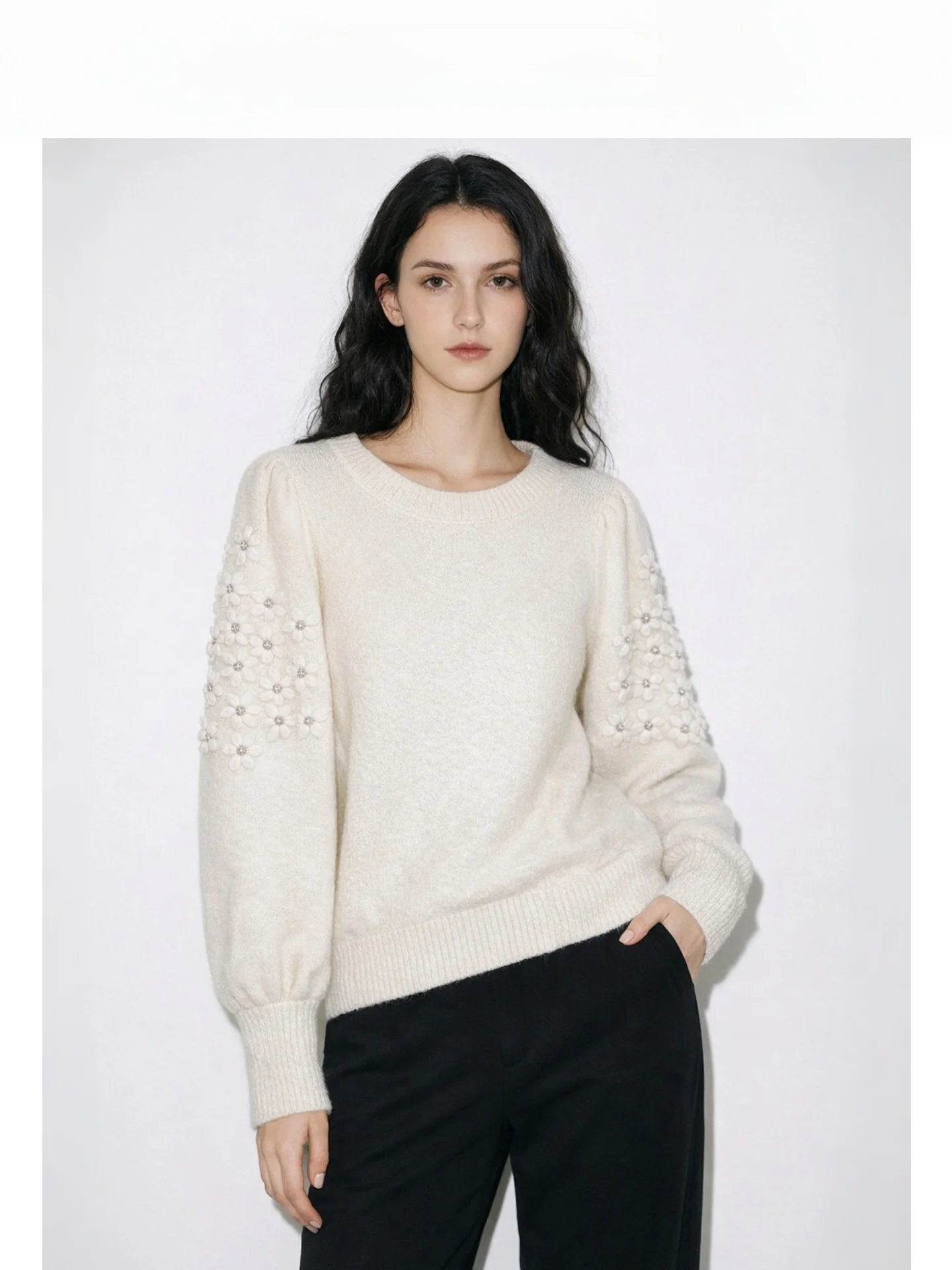 

Women's Knitted Sweater Heavy Embellied Bobble Sve 3D Flower Camel Hair Bubble Sve Knitwear for Autumn Winter