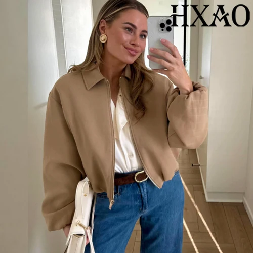 HXAO Chaqueta Bomber de otoño para mujer, abrigo recortado de color caqui, chaqueta negra de manga larga, prendas de vestir exteriores, chaqueta universitaria con cremallera de calle, abrigo corto