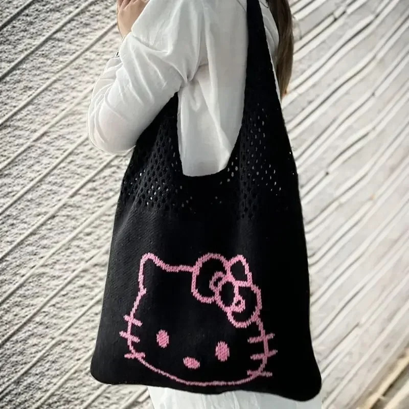 2024  Hello Kitty Knitted Shoulder Bag Anime Kawaii Black Pink Underarm Bag Cute Cartoon Embroidered Mesh Bag for Girls