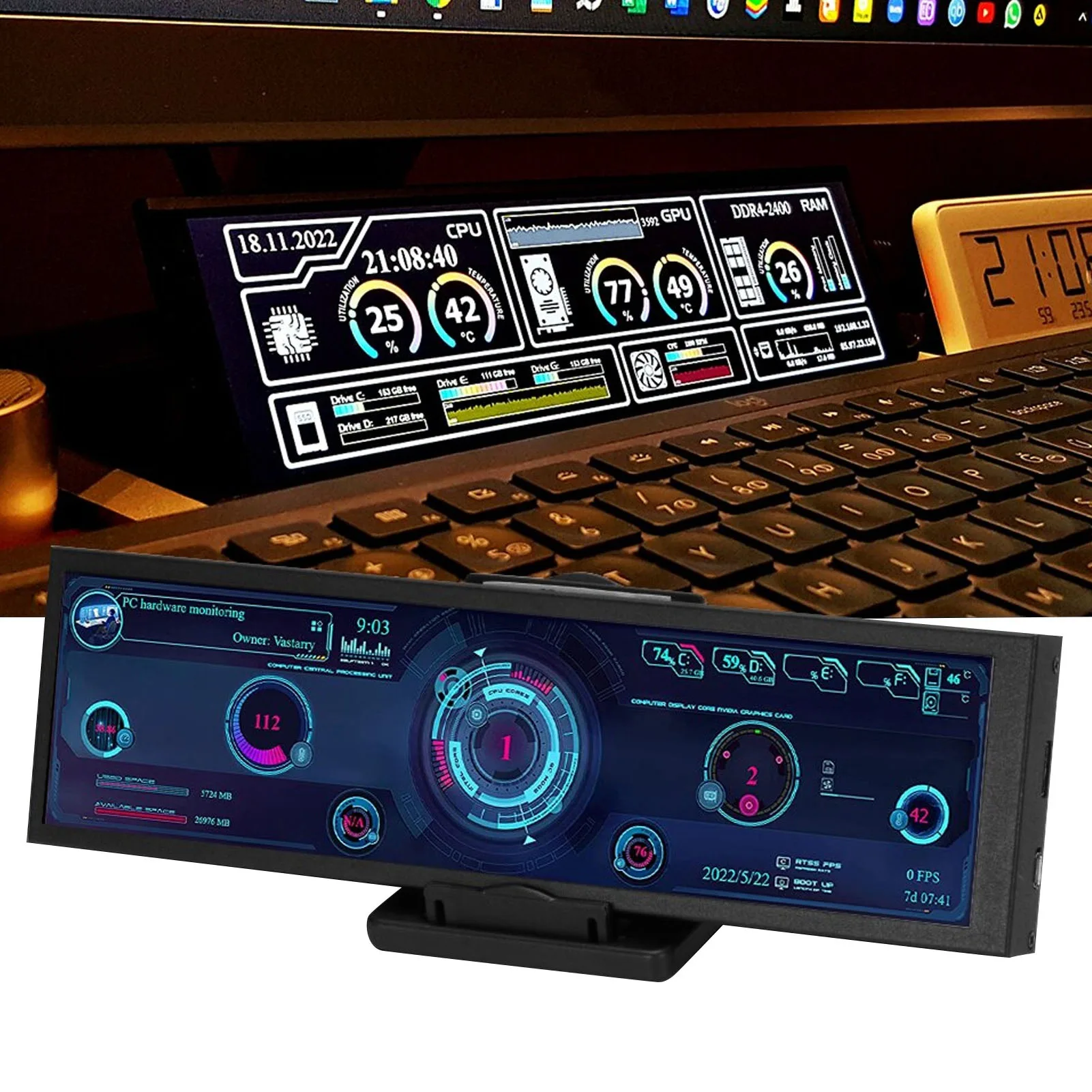 

8.8in PC Temp Monitor 1920x480 60Hz for AIDA64 PC Sensor Panel Display CPU GPU SSD Data Temperature Monitor for Windows Linux