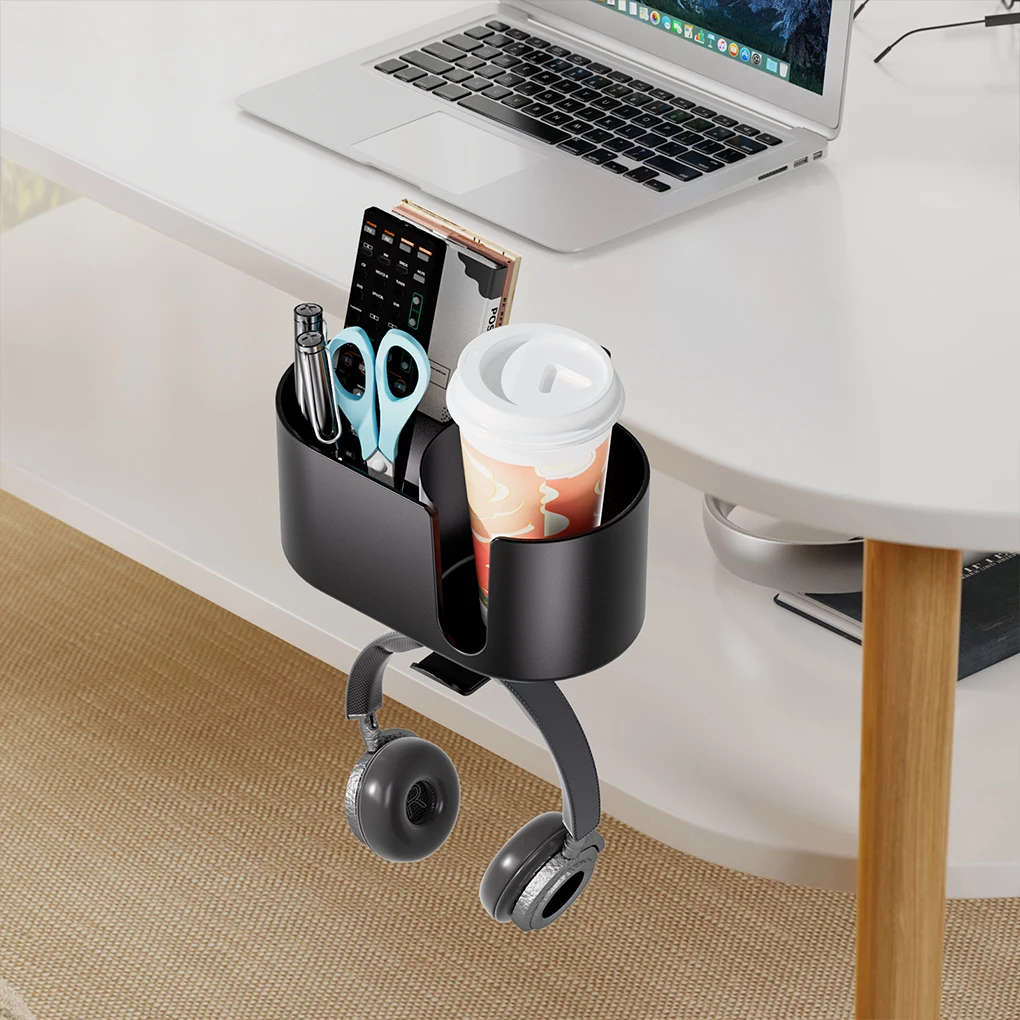 

4 in 1 Desk Headphone Hanger Clamp on Under Desk Cup Holder Rotating Headphone Holder Detachable Pen Cup Holder Desk Storage