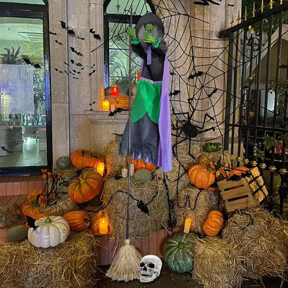 (AA91) Animated Witch Broom 9.84Ft Sound Activation Broom Halloween Animatronic Witch Spooky Home Decor for Holiday Cosplay view 5