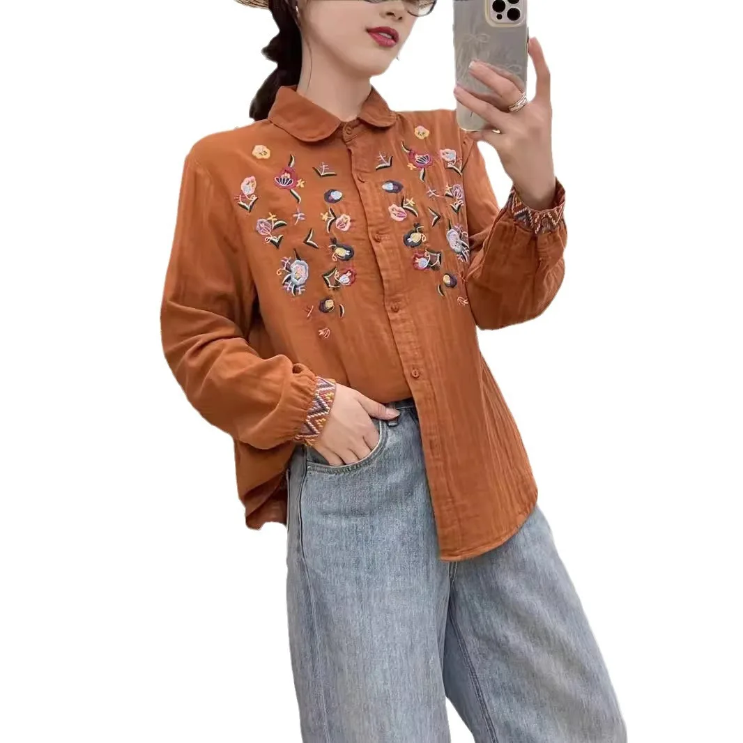 New Autumn Cotton Yarn Long Sleeve Shirt, Women Lapel Embroidery Top, Mori Girl Sweet Soft Loose Blouses, 2024 Winter T48838QC