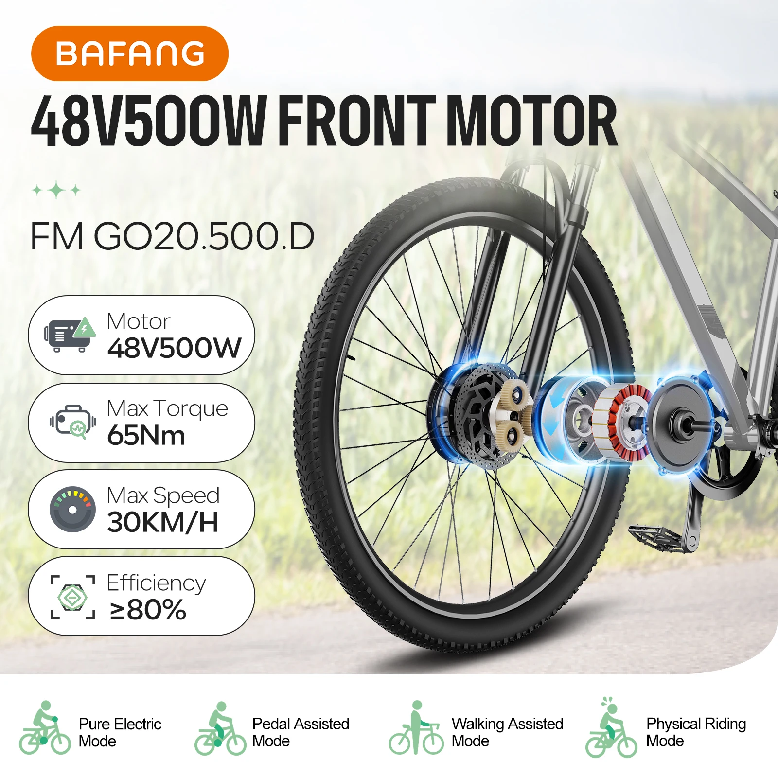 BAFANG Ebike Kit 500W 48V Voorwielmotor Voornaafset – Schijfremversie met oude 100 MM voor 26 inch 700C mountainbike