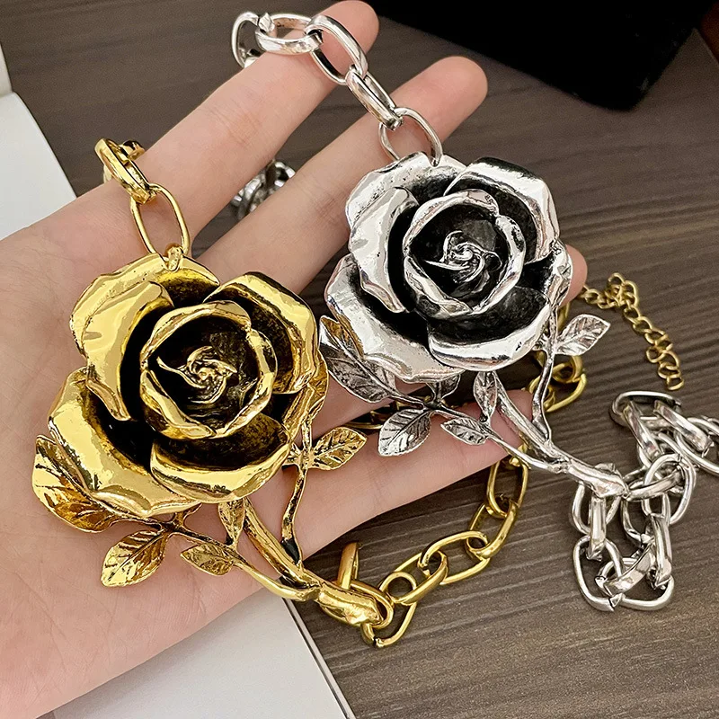 Vintage Exaggerated Metal Rose Flowers Pendant Necklace for Women Girls Thick Chain Choker Party Jewelry Fashion Accessories