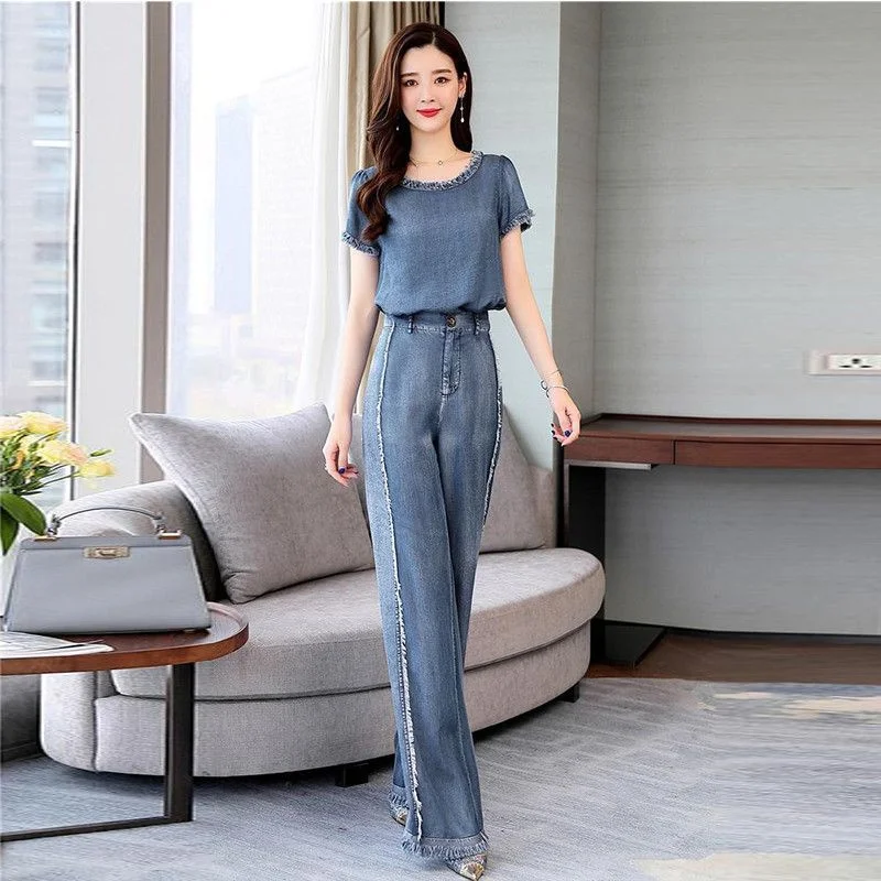 2024 New Summer Jeans Sets Female Explosions Online Celebrity Two-piece Suit Women Slim Fashion Students Korean Loose Sets Tide