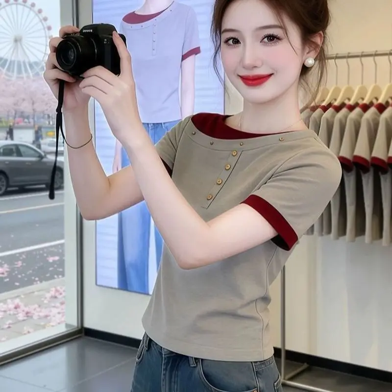 Summer Color-Block Fake Two-Piece Asymmetric Short Sleeve T-Shirt Women's Slim