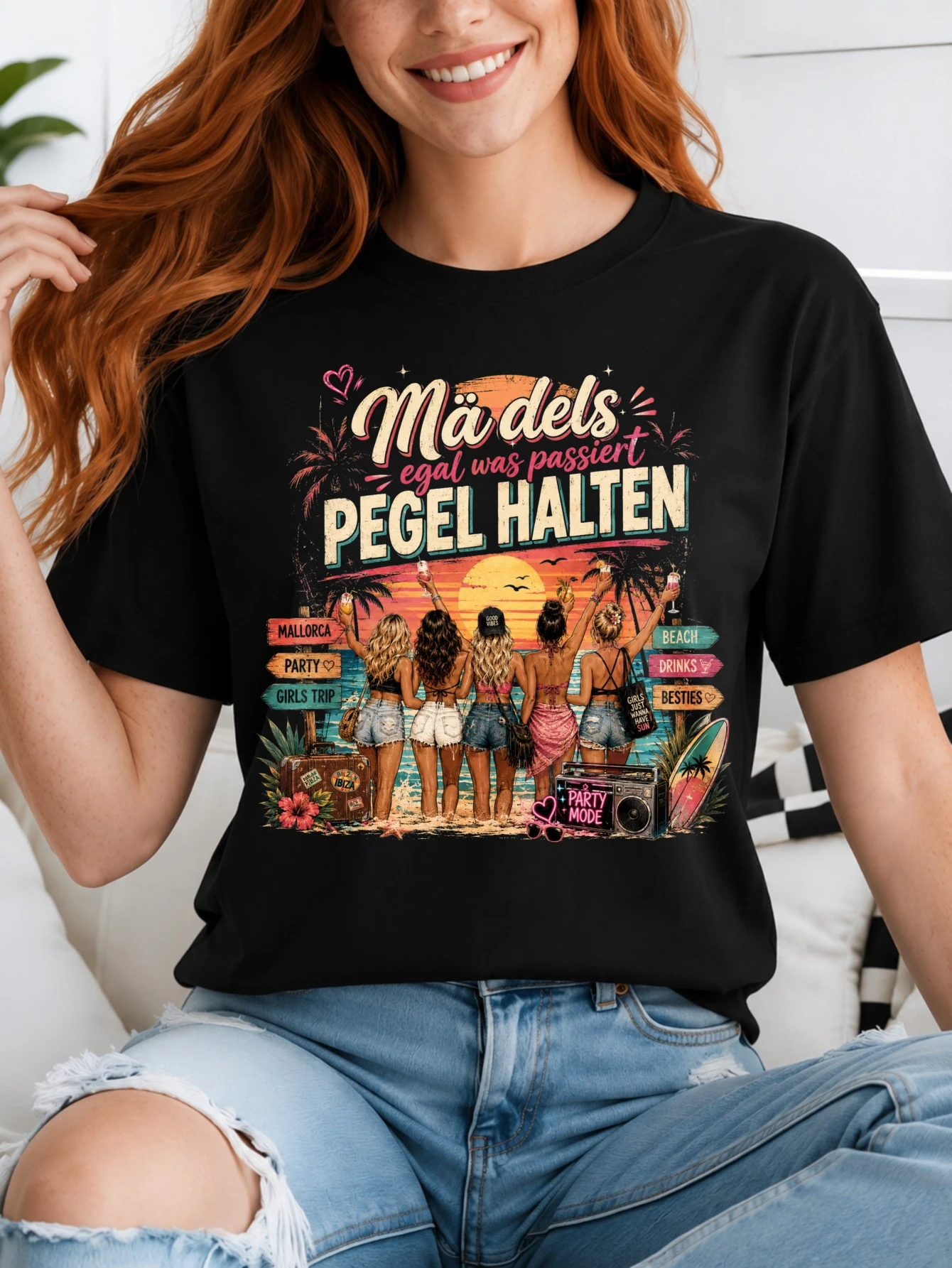 Madels Pegel Halten retro sunset beach friends artwork with signpost details warm vacation party  Unisex All T-Shirt
