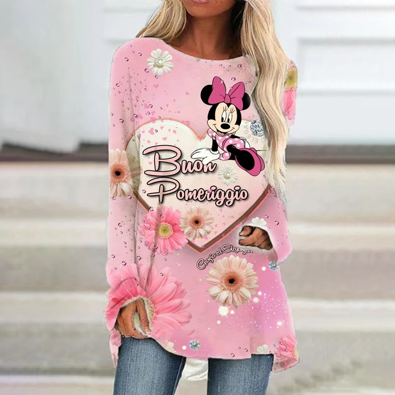 2024 New Harajuku Slim Fit 3D Printed Women's Long Sleeve Round Neck Minnie Fashion Casual Cute Raglan Sleeve T-Shirt y2k