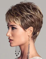 Short Dark Brown Mixed Blonde Highlight Pixie Cut Wigs with Bangs Synthetic Layered Wigs for Women Natural Hair Replacement Wigs