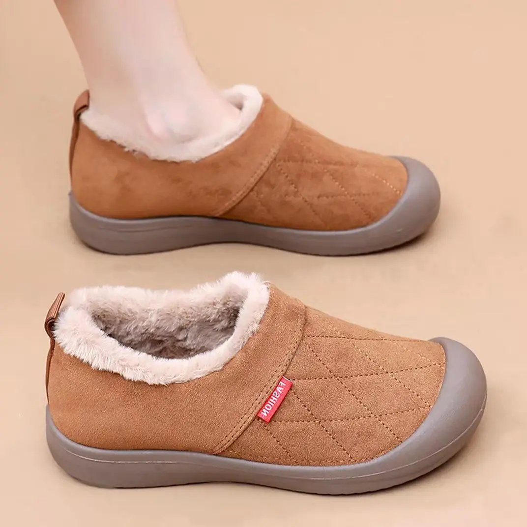 

Women Winter New Low Top Flat sole Cotton Shoes Soft sole Non Slip Thicken Plush Keep Warm Round Toe Slip On Elderly Cotton Shoe
