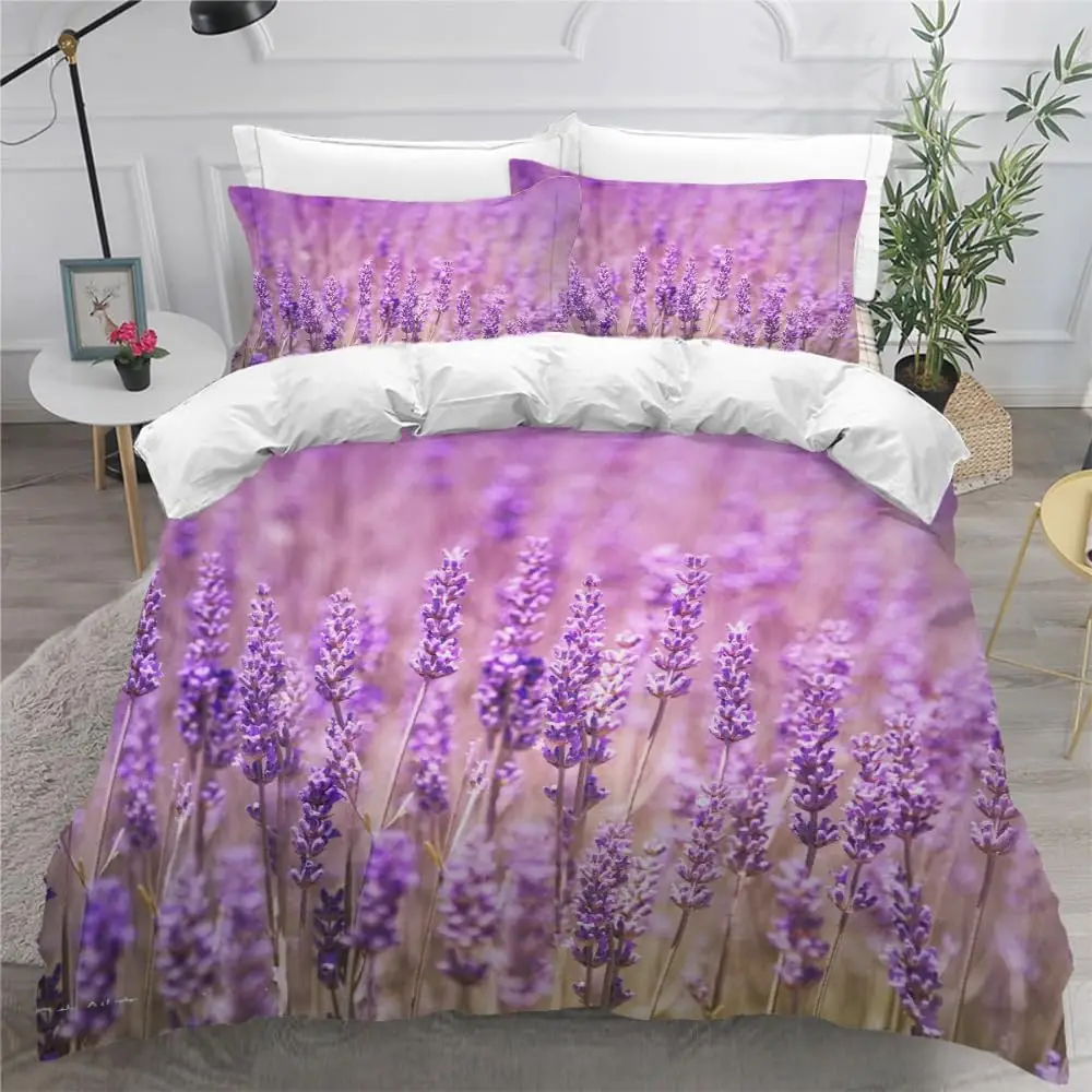 Violet Lavender Duvet Cover Spring Garden Floral Bedding Set Queen Botanical Flower Comforter Cover For Farmhouse Bedroom Decor