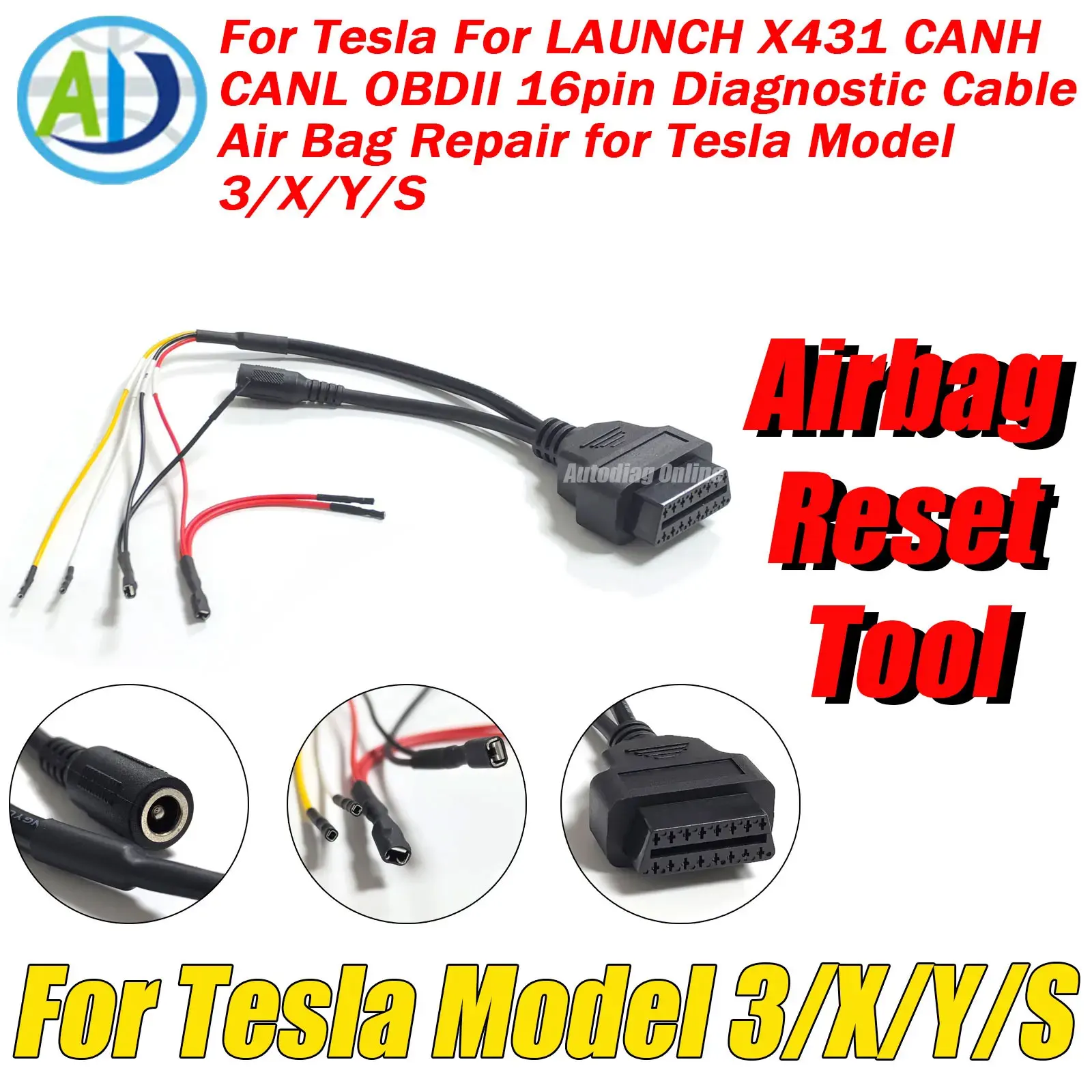 

For Tesla Model 3/X/Y/S Airbag Reset Connector For Tesla For LAUNCH X431 CANH CANL OBDII 16pin Diagnostic Cable Air Bag Repair