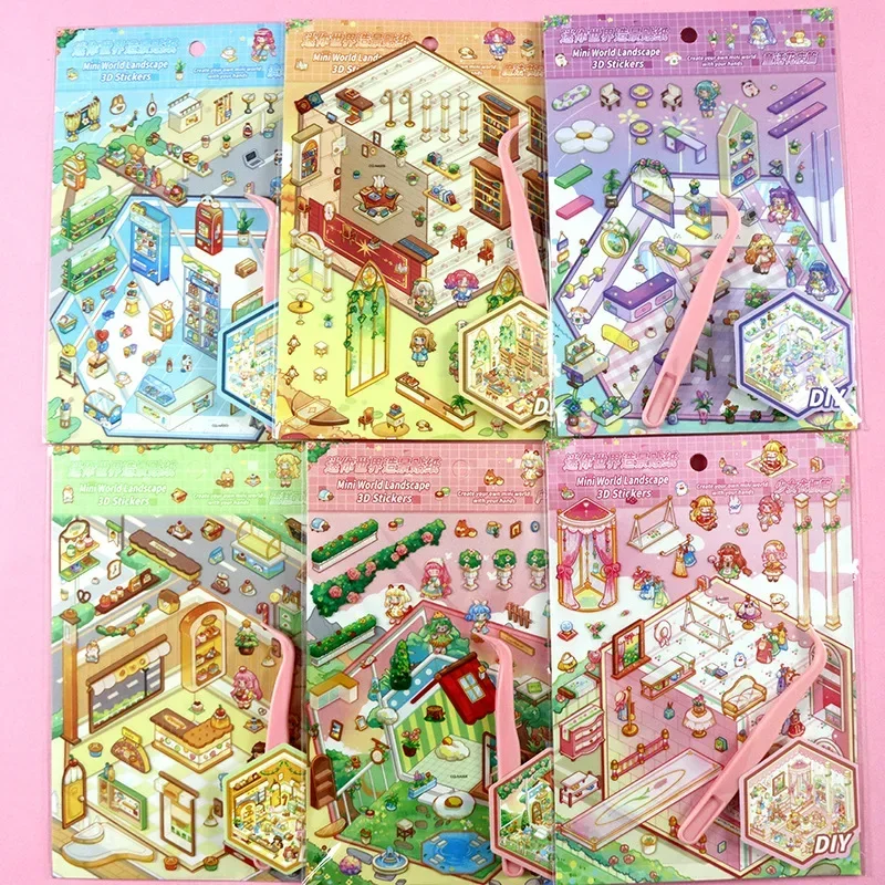 

1 Set Mini Cartoon Landscaping Sticker with Tweezers Creative Design Kawaii Cake Scene Sticker Stacking 3D Sticker Kids Gift