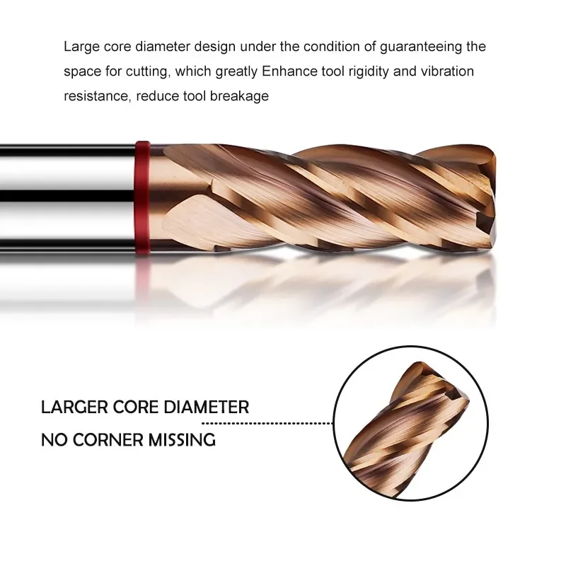 HRC55 4-Flute Color Circle Round Nose Milling Cutter Tungsten Steel Carbide CNC Mechanical Machining End Mill Tools