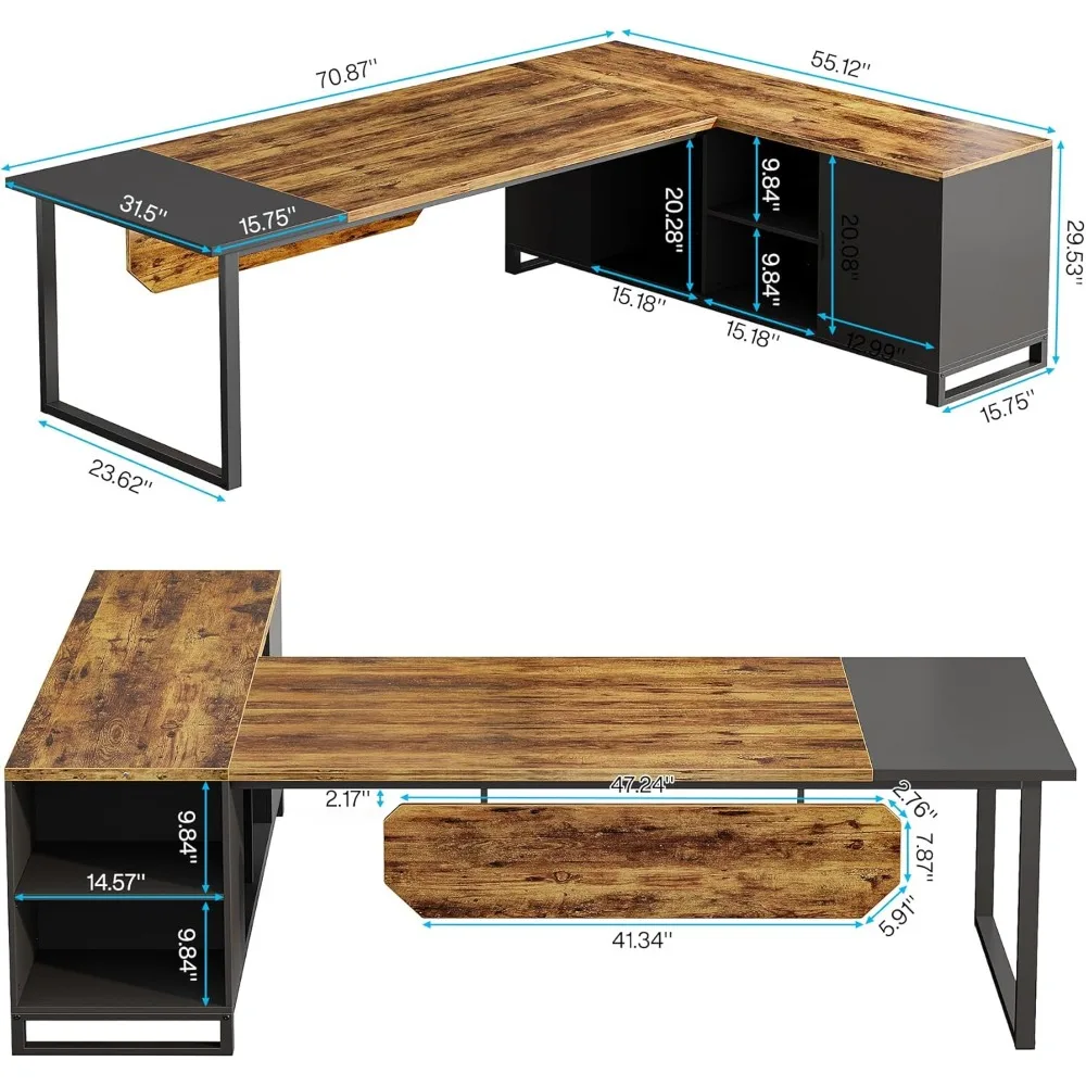 Bureau de direction avec classeur, grand bureau d'ordinateur en forme de L avec armoire de rangement et étagères, bureau en forme de L, 70.8 po