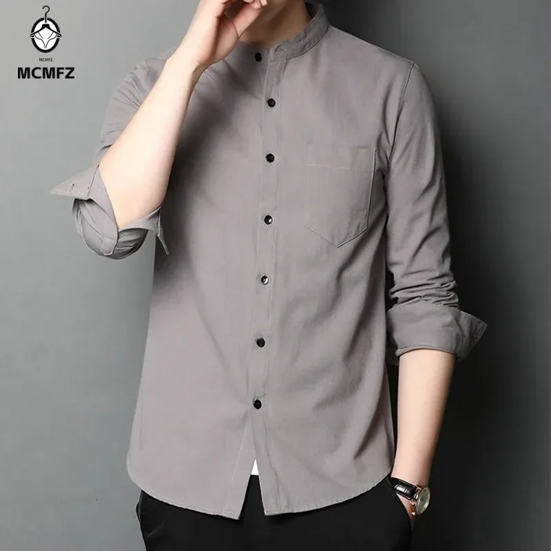 

New Men's Standing Collar Casual Shirt Cotton Comfortable Long Sleeved Top