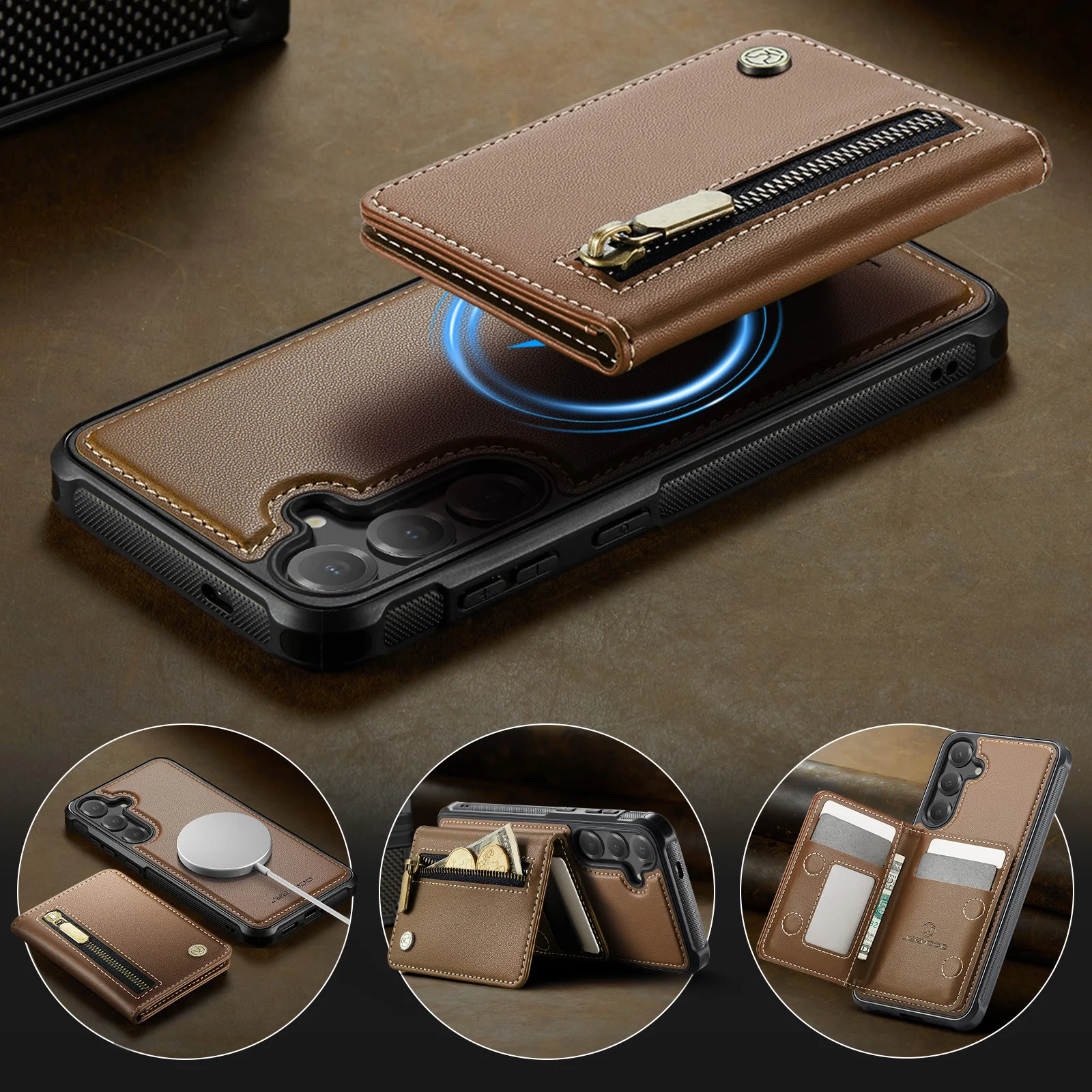 2 in 1 Detachable RFID Zipper Magnetic Leather Wallet Cards Solt Case For Samsung S25 Edge S24 Ultra S23 Plus S23 kickstandCover - Image 3